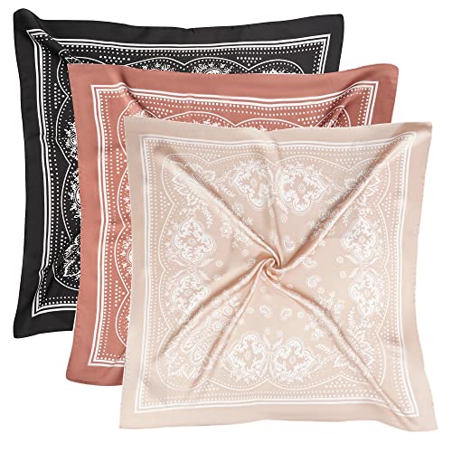 VANLINKER 27.5 Inches Silk Head Scarf for Women Men Vintage Bandanas Satin Hair Scarf Silk Wrap Neck Square Scarves VL9549 - color: Black+caramel+oatmeal