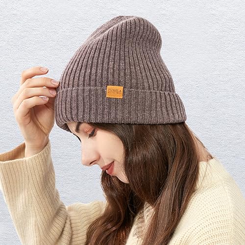 100% Merino Wool Cuff Beanie Hat, Unisex Warm Winter Caps Soft, Breathable & Cozy Stretchy Knitted Cuffed Cap - color: Light Coffee
