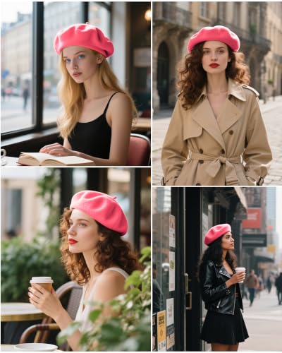 French Beret Hats for Women - Wool Solid Color Beanie Cap - color: Hot Pink