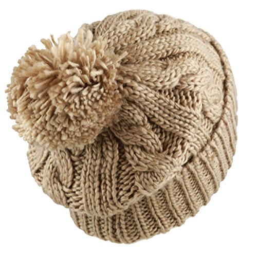 Women and Men Beanie Daily Winter Oversized Thick Stretchy Knitted Pom Pom Beanie Fleece Lined Beanie Hat - color: 1. Curly Khaki