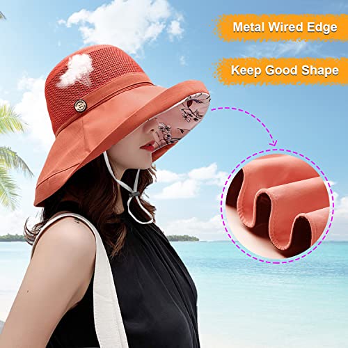 Women Wide Brim Sun Hats Metal Wired Edge Summer UV Protection Beach Fishing Hat for Hiking Garden Travel Chin Strap - color: M9163-jvse, size: One Size