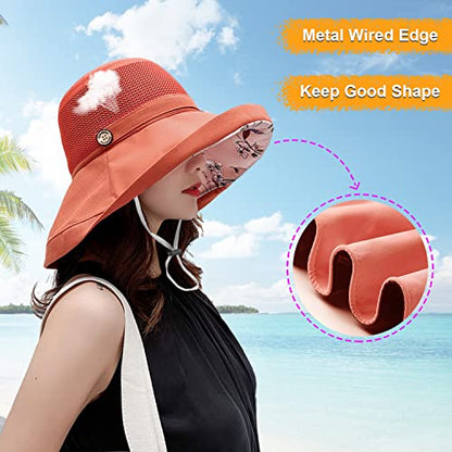Women Wide Brim Sun Hats Metal Wired Edge Summer UV Protection Beach Fishing Hat for Hiking Garden Travel Chin Strap - color: M9163-jvse, size: One Size