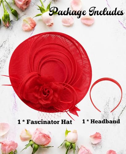 Kidukso Women's Fascinators Hat for Derby Hat Vintage 1920s Hat Headwear for Wedding Cocktail Tea Party Church - color: Red