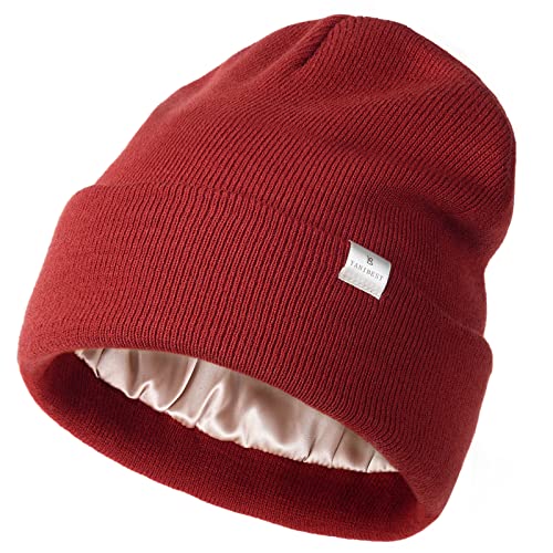 YANIBEST Satin Lined Beanie for Women, Reduce Frizz Winter Hats - color: Wine Red