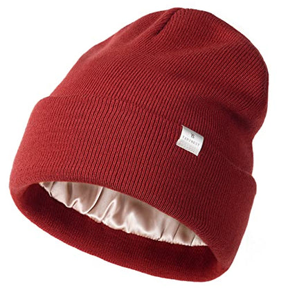 YANIBEST Satin Lined Beanie for Women, Reduce Frizz Winter Hats - color: Wine Red