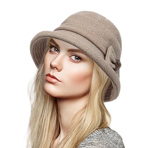 Women Winter Warm Bucket Hat 1920s Vintage Cloche Bowler Hats Fashion Ladies Church Bucket Hat - color: Light Khaki