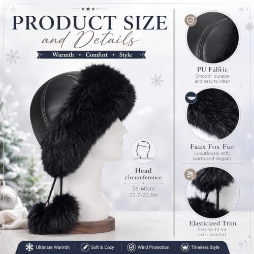 Twistover Women Fur Winter Russian Trapper Hat & Pompoms, Black Ushanka Hat
