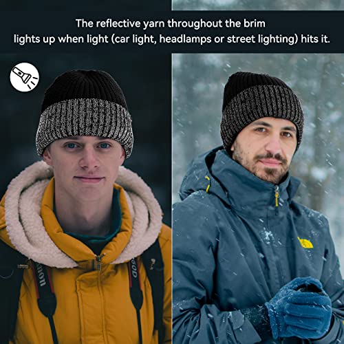 Achiou Reflective Beanie for Men Women, Fleece Lined Winter Cuffed Hat - color: Black