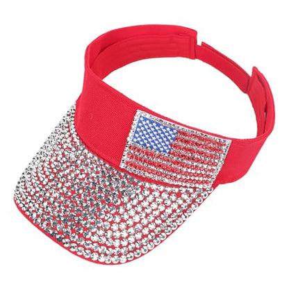 Shiny Rhinestones American Flag Sun Visor Hat Summer Outdoor Open Top Baseball Cap Adjustable Sparkly Party Headwear - color: American Flag - Red