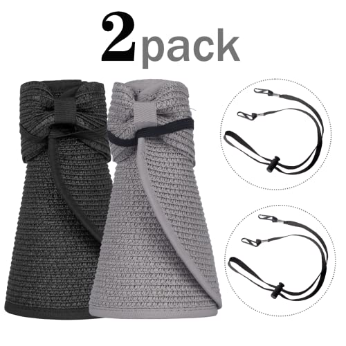 Women Sun Visors Foldable Straw Hats Summer Beach Packable Hat Floppy Wide Brim Cap Deep Style, Adjustable Size - color: Gray Black