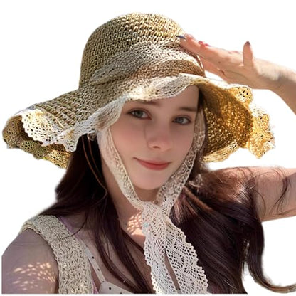 Ladies Wide Brim Beach Straw Hat Summer Vacation Sun Protection Hat Braided Lace Edge Hat Soft Foldable Lightweight - color: Khaki