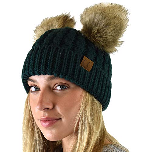 C.C 2 Ear Pom Pom Cable Knit Soft Stretch Cuff Skully Beanie Hat - color: Faux Fur Deep Pine