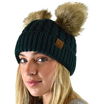 C.C 2 Ear Pom Pom Cable Knit Soft Stretch Cuff Skully Beanie Hat - color: Faux Fur Deep Pine