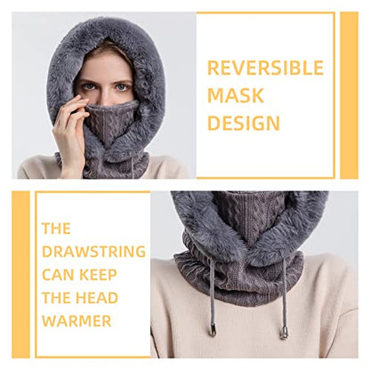 Womens Winter Hats, Warm Hooded Scarf Hat for Women, Fleece Beanie Hat with Drawstring, Balaclava Knit Skull Cap - color: Grey