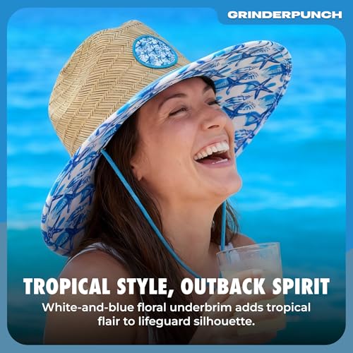 grinderPUNCH Straw Sun Hat for Men Women Wide Brim Beach Fishing UPF 50 - color: White & Blue Floral