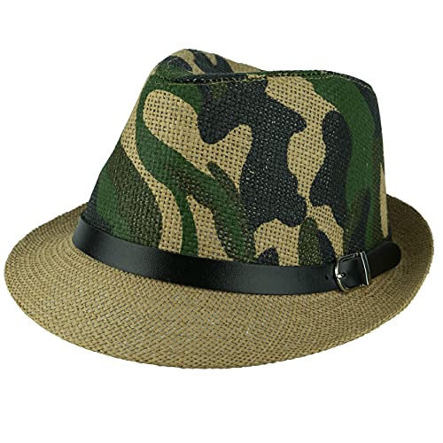 Gelante Summer Fedora Panama Straw Hats with Black Band - color: Tan Camo, size: Small-Medium