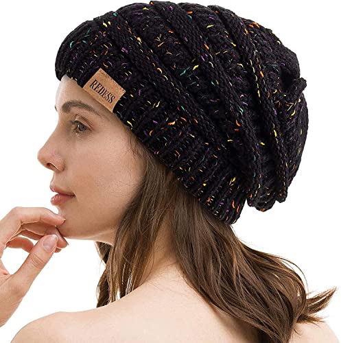 REDESS Slouchy Beanie Hat for Men and Women Winter Warm Knit Hat Chunky Soft Oversized Cable Cap - color: A8 Confetti Black