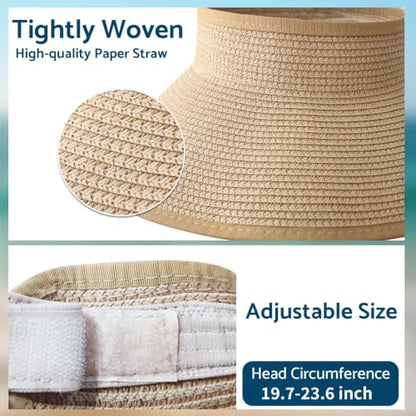 NPJY Sun Hats for Women Wide Brim Roll-Up Ponytail Packable Straw Visor - color: Khaki