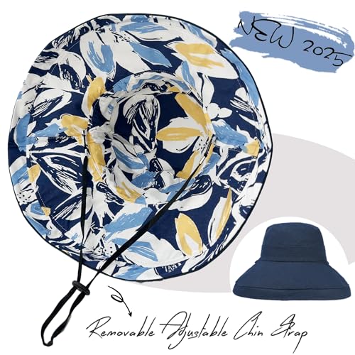 vidsel Womens Sun Hats Wide Brim Reversible Bucket Cotton Hat with Hat Clip - color: Navy Blue2, size: Medium