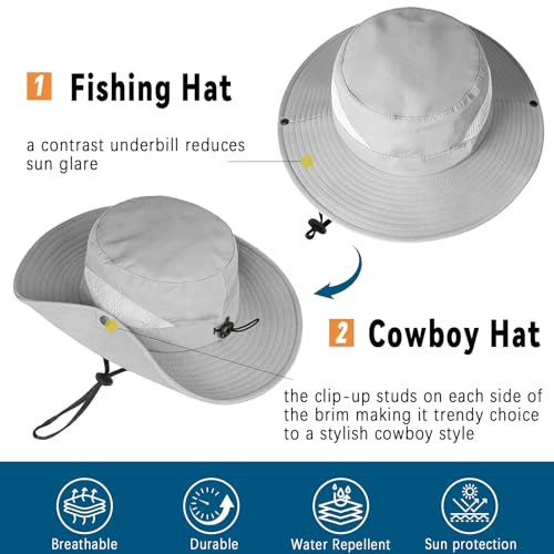 ZOORON Sun Hats for Men Women, Wide Brim Safari Hats UV Protection UPF50+ Waterproof Boonie Hats for Fishing Hiking Camping - color: 1pack-light Gray