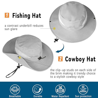 ZOORON Sun Hats for Men Women, Wide Brim Safari Hats UV Protection UPF50+ Waterproof Boonie Hats for Fishing Hiking Camping - color: 1pack-light Gray