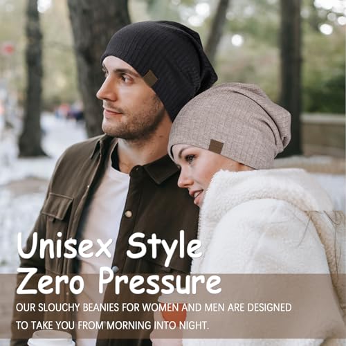 HAMUNI Slouchy Beanie for Men Women Soft Lightweight Chemo Headwear - color: Black+khaki