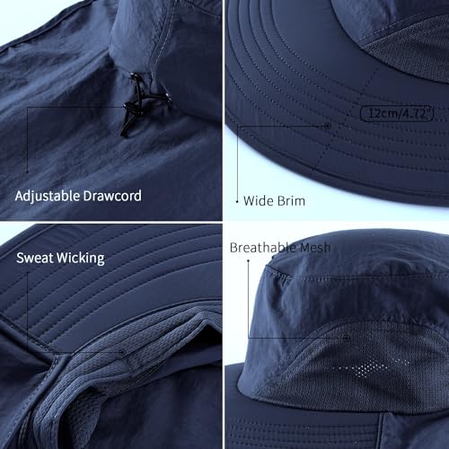 Home Prefer Outdoor UPF50+ Sun Hat Wide Brim Mesh Fishing Hat with Neck Flap - color: Navy Blue