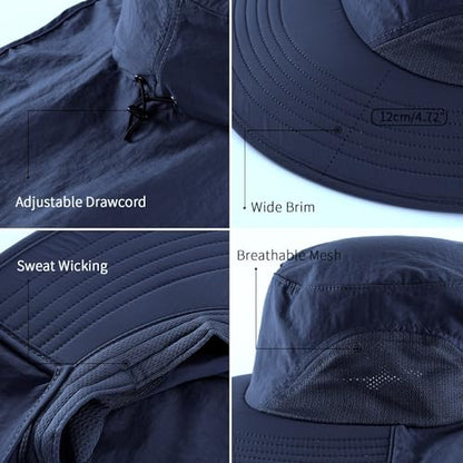 Home Prefer Outdoor UPF50+ Sun Hat Wide Brim Mesh Fishing Hat with Neck Flap - color: Navy Blue