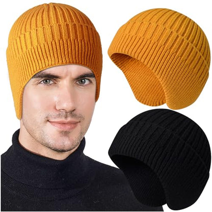 Heniho 2pcs Winter Beanies with Ear Flaps for Men Women, Warm Knit Earflaps Cap Thick Hats - color: E- Black, Yellow