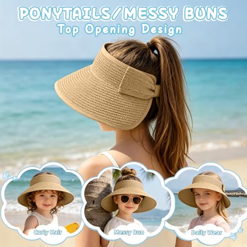 Girls Sun Visor Hat with Ponytail Hole Wide Brim Beach Straw Visor UPF 50+ - color: 1pack-khaki