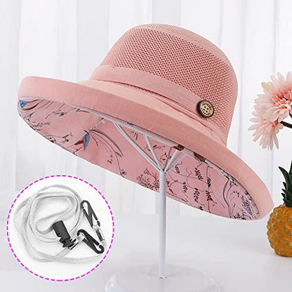 Women Wide Brim Sun Hats Metal Wired Edge Summer UV Protection Beach Fishing Hat for Hiking Garden Travel Chin Strap - color: M9163-pink, size: One Size