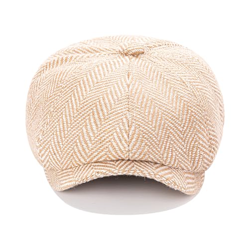 Men's Wool Newsboy Cap 8-Panel Tweed Taxi Hat Herringbone Gatsby Flat Hats - color: Khaki
