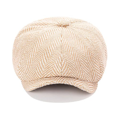 Men's Wool Newsboy Cap 8-Panel Tweed Taxi Hat Herringbone Gatsby Flat Hats - color: Khaki