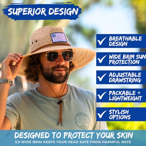 Qwave Packable Stone-Washed Straw Lifeguard Hat for Men and Women - Beach Straw Hat Protects from Summer Sun - color: American Flag Surfboard