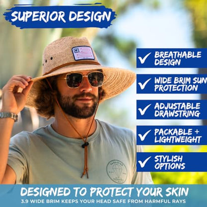 Qwave Packable Stone-Washed Straw Lifeguard Hat for Men and Women - Beach Straw Hat Protects from Summer Sun - color: American Flag Surfboard
