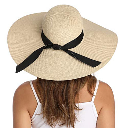 Lanzom Womens Wide Brim Straw Hat Big Floppy Foldable Roll up Cap Beach Sun Hat UPF 50+ - color: Bowknot-beige