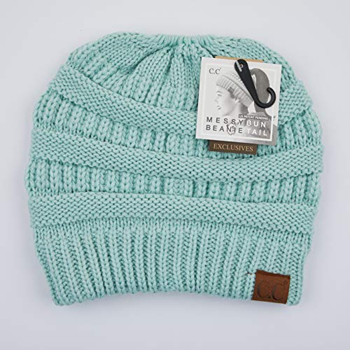 C.C Exclusives Soft Stretch Cable Knit Messy Bun Ponytail Beanie Winter Hat for Women (MB-20A) - color: Mint