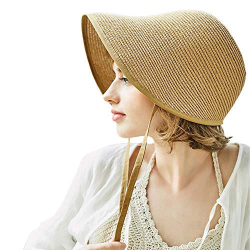 French Straw Bonnet Cap for Women Victorian Sun Hat Chin Strap Foldable
