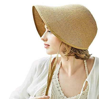 French Straw Bonnet Cap for Women Victorian Sun Hat Chin Strap Foldable