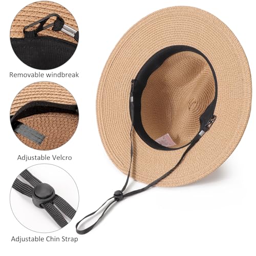 DRESHOW Women Straw Panama Hat Travel Fedora Beach Sun Hat Summer Wide Brim Straw Roll up Hats UPF 50+ - color: Fedora Khaki