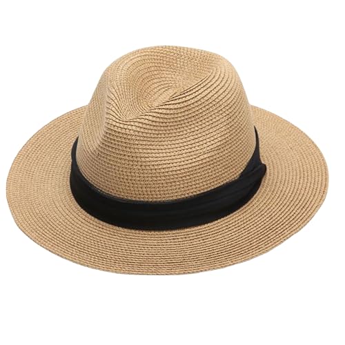 Panama Hat Sun Hat Straw Fedora Hat for Men Women Wide Brim Summer Beach Hat UV UPF 80+ - color: A_khaki, size: Medium