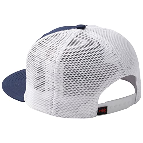 BASSDASH Flat Brim Trucker Cap Adjustable Snapback Hat Mesh Back for Men Women - color: Collegiate Navy/Bass