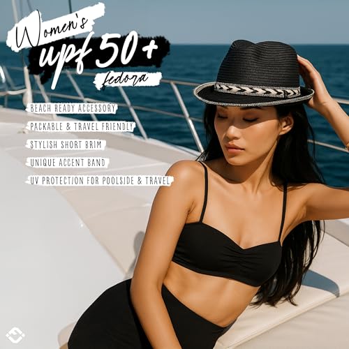 Funky Junque Short Brim Fedora Packable Sun Hat for Women - color: Black