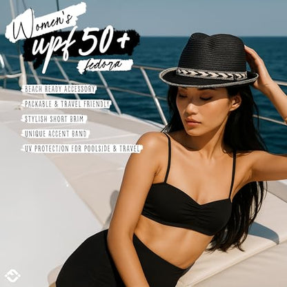 Funky Junque Short Brim Fedora Packable Sun Hat for Women - color: Black