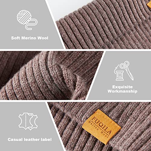 100% Merino Wool Cuff Beanie Hat, Unisex Warm Winter Caps Soft, Breathable & Cozy Stretchy Knitted Cuffed Cap - color: Light Coffee