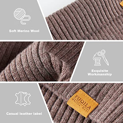 100% Merino Wool Cuff Beanie Hat, Unisex Warm Winter Caps Soft, Breathable & Cozy Stretchy Knitted Cuffed Cap - color: Light Coffee