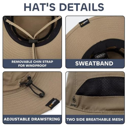 Fishing Hat for Mens Sun Hat Wide Brim Bucket Hat SPF UV Protection XL XXL Large Size Big Head Hiking Beach Safari - color: Khaki/Side Mesh（suitable:62cm-63cm）, size: XX-Large-3X-Large