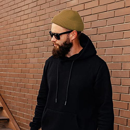 ROYBENS Wool Fisherman Beanies for Men Knit Short Watch Cap Winter Warm Hat - color: 2pc Black+light Coffee