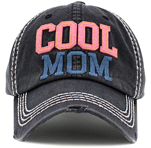 Funky Junque Distressed Baseball Cap, Vintage Embroidered Dad Hat - color: Cool Mom - Black