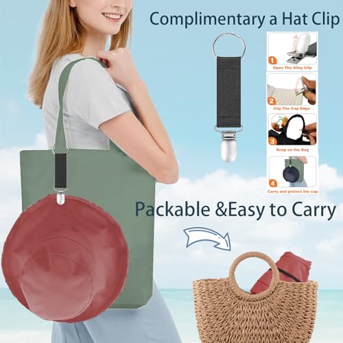 vidsel Womens Sun Hats Wide Brim Reversible Bucket Cotton Hat with Hat Clip - color: Red, size: Medium